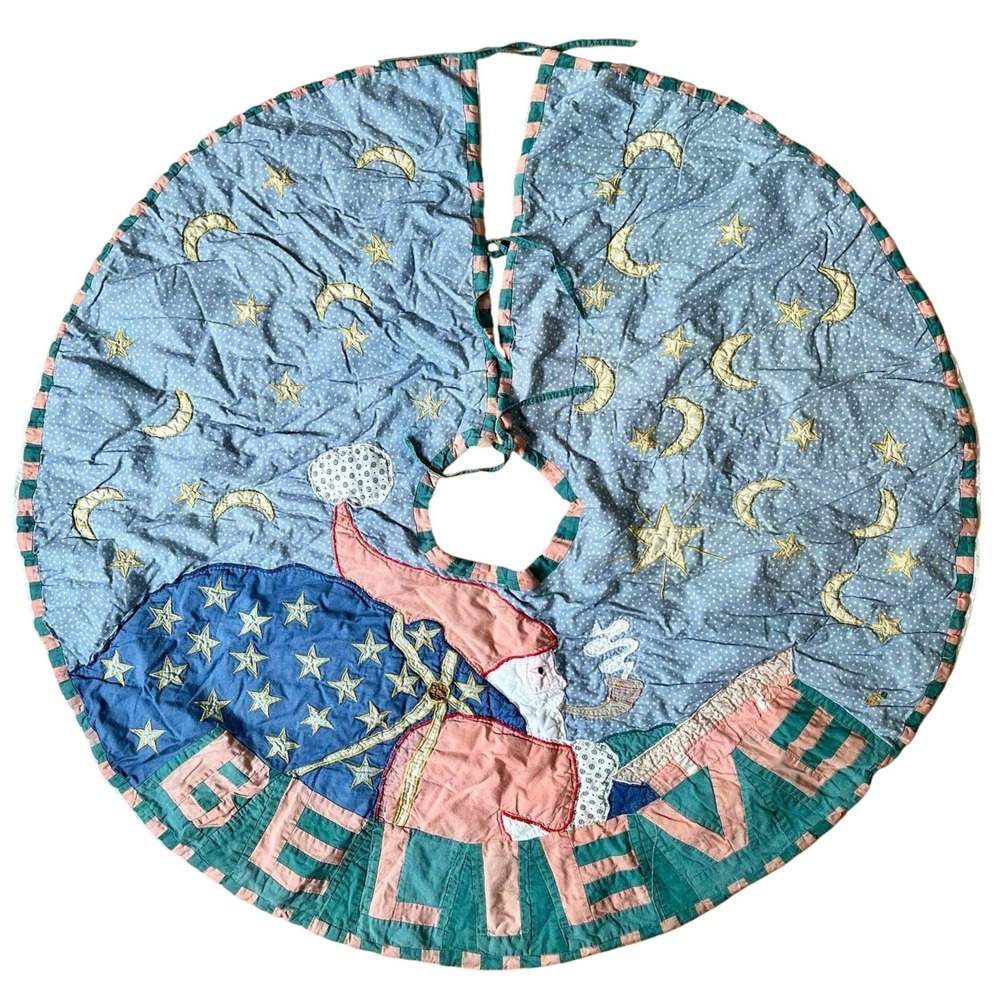 Vintage Mary Engelbreit Believe Santa Quilted Christmas Tree Skirt Celestial 48"